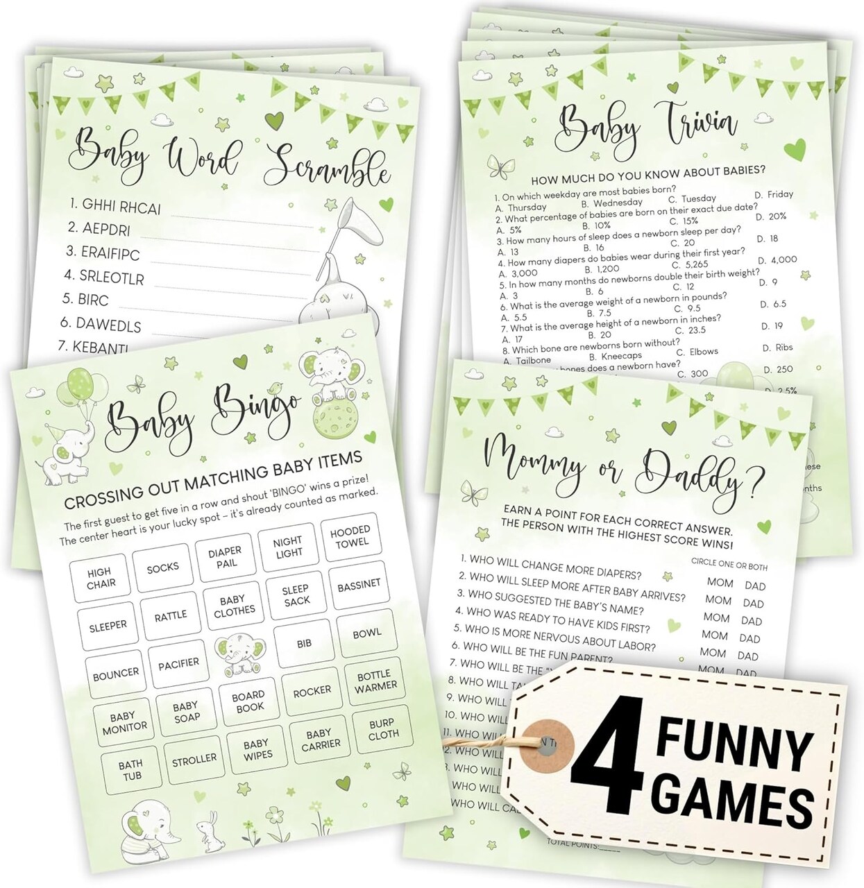 Elephant Baby Shower Games for Boy Girl - Set Of 4 Funny Baby Games For Baby Shower Party